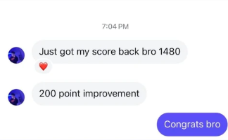 Student message: scored 1480, a 200 point improvement
